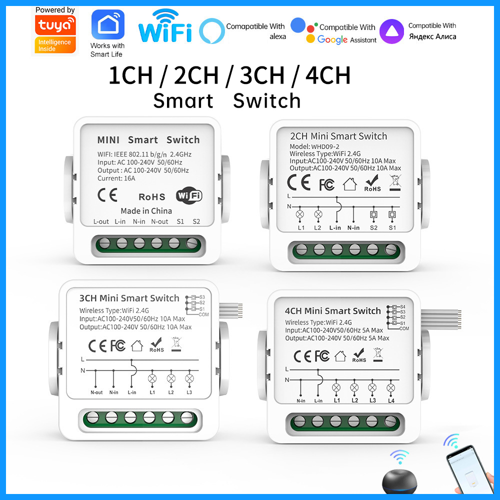 Smart Home Sistem - Inteligentny przełącznik WiFi Tuya 1/2/3/4-kanałowy, 4-drożny